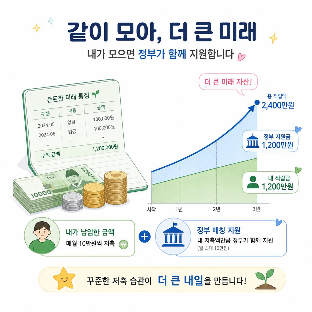 저축액과 정부지원금이 함께 쌓이는 느낌의 통장 그래픽