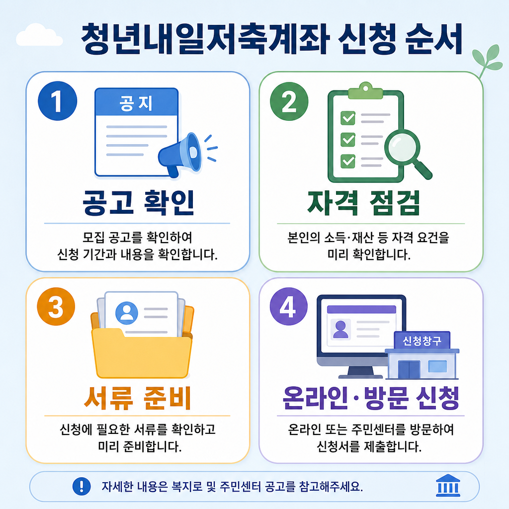 파스텔 배경, 둥근 패널 4개, 짧은 한글 제목으로 청년내일저축계좌 신청 순서 인포그래픽