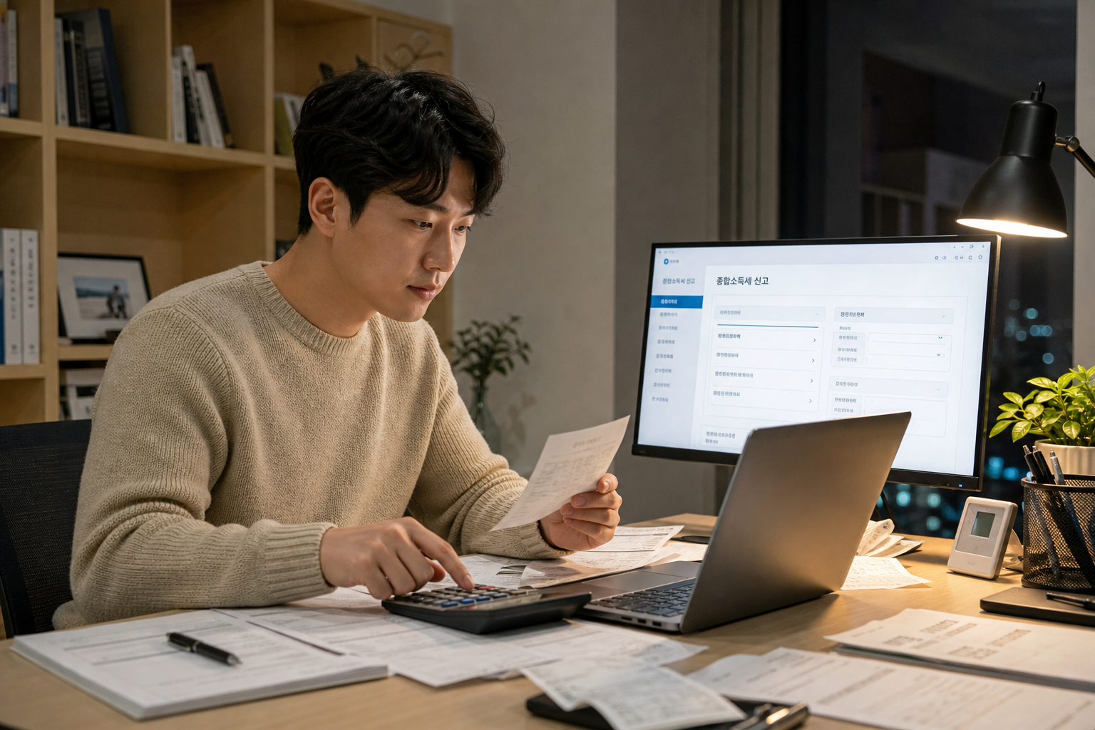 홈택스 화면과 서류를 보며 종합소득세 신고를 준비하는 장면