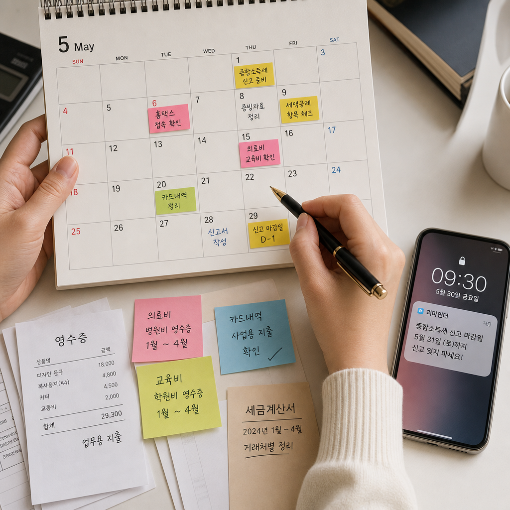 세금 신고 시기를 놓치지 않으려고 달력과 메모를 확인하는 장면