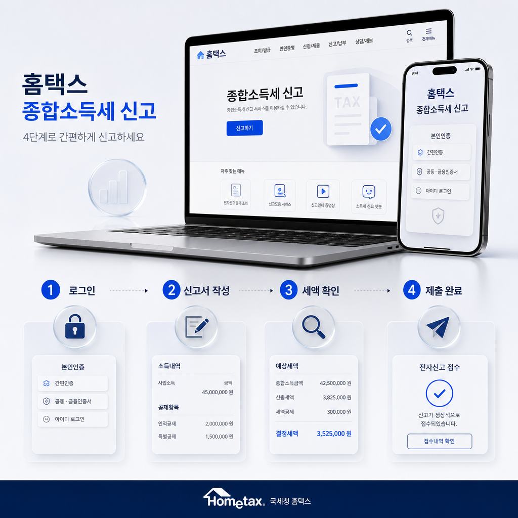 노트북 화면에 단계별 신고 흐름이 정리된 실전 가이드 이미지