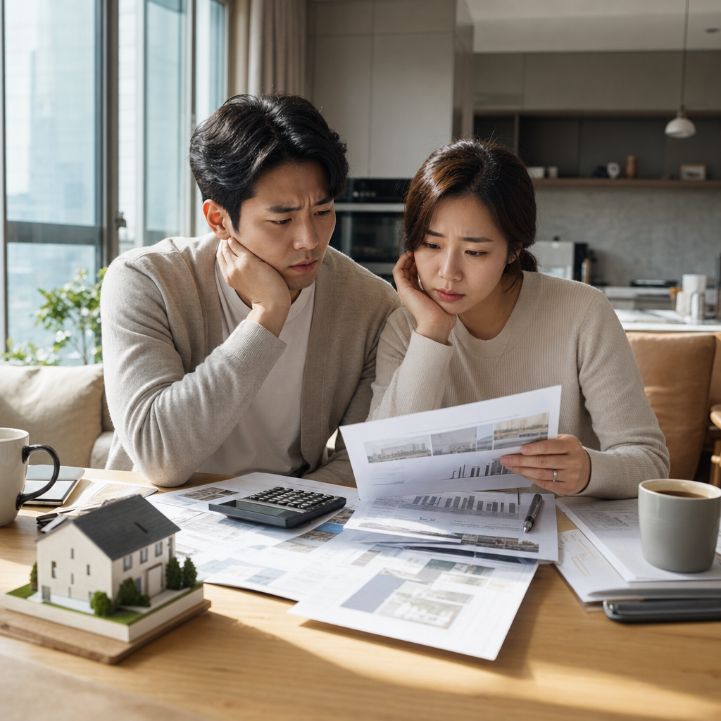 신혼부부가 체크리스트와 집값 메모를 보며 고민하는 공감 일러스트
