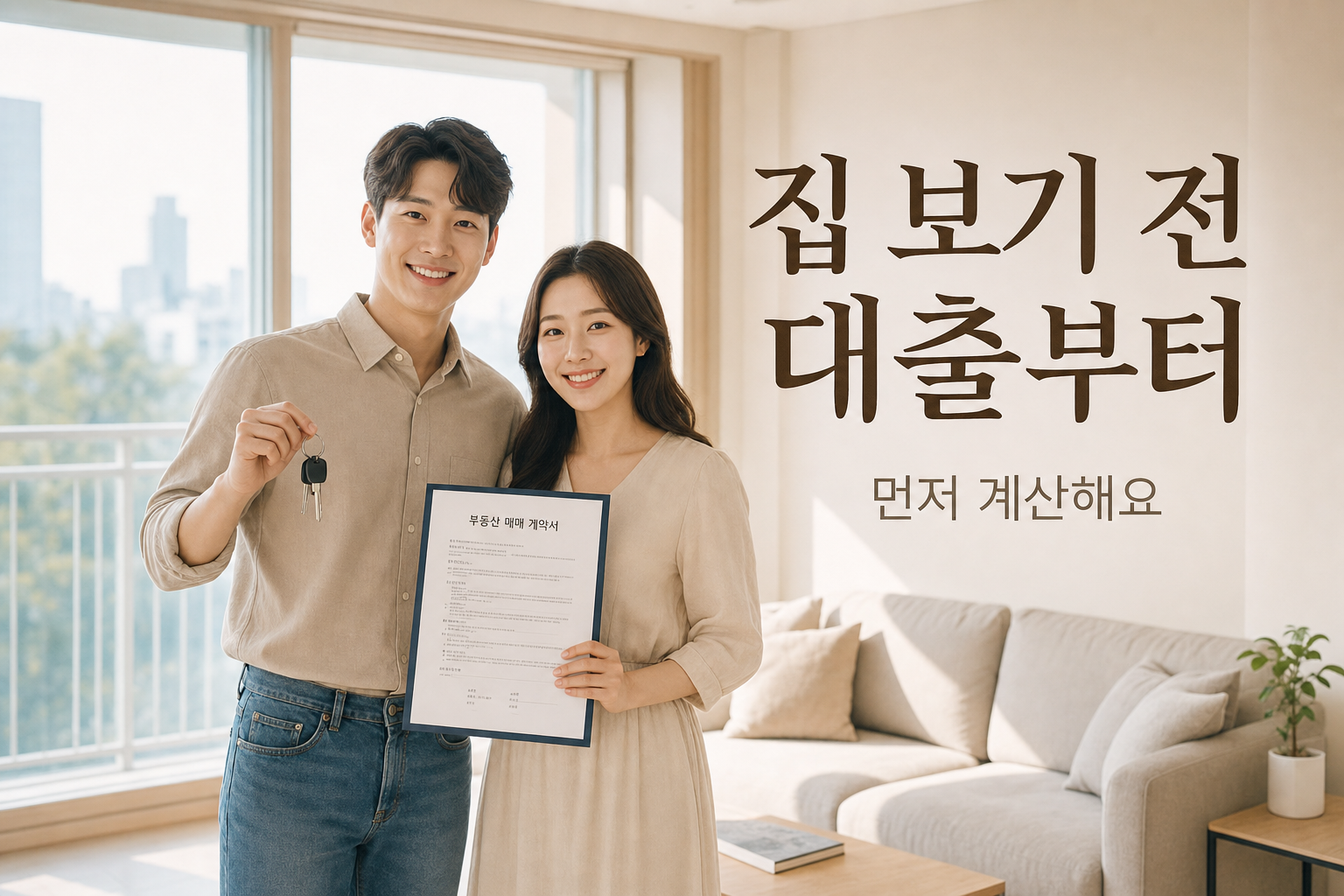 밝은 새집 거실에서 열쇠와 계약서를 들고 있는 신혼부부 결론 이미지
