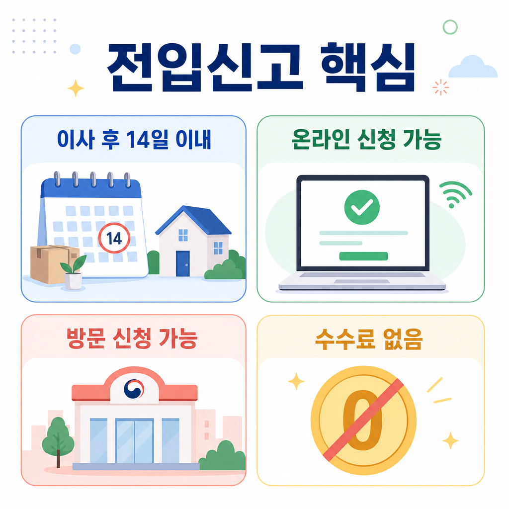전입신고 14일과 인터넷 방문 두 가지를 보여주는 한국어 인포그래픽
