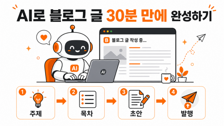 AI로 블로그 글 30분 만에 완성하는 4단계 실전 가이드 인포그래픽