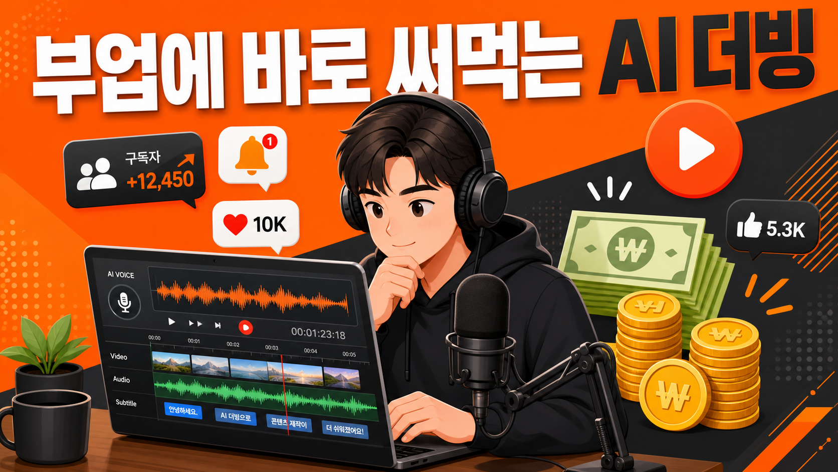 AI 더빙을 부업에 활용하는 1인 크리에이터 일러스트