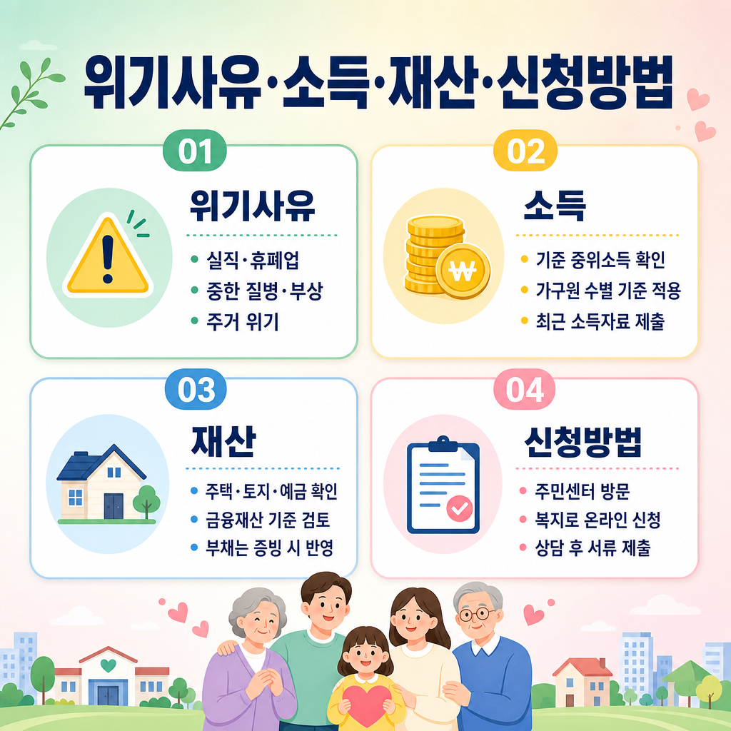 파스텔 배경, 둥근 패널 4개, 짧은 한글 제목 ‘위기사유·소득·재산·신청방법’, 번호 배지, 가독성 높은 한국어 텍스트, 영문과 워터마크 없음, 공공복지 인포그래픽 스타일