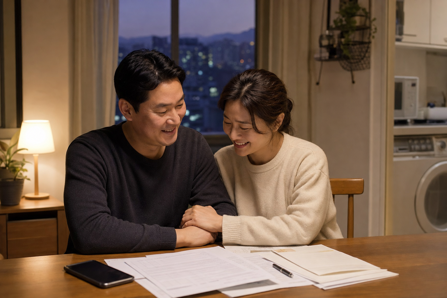 상담 전화와 서류 준비를 마친 뒤 안도하는 가정의 분위기
