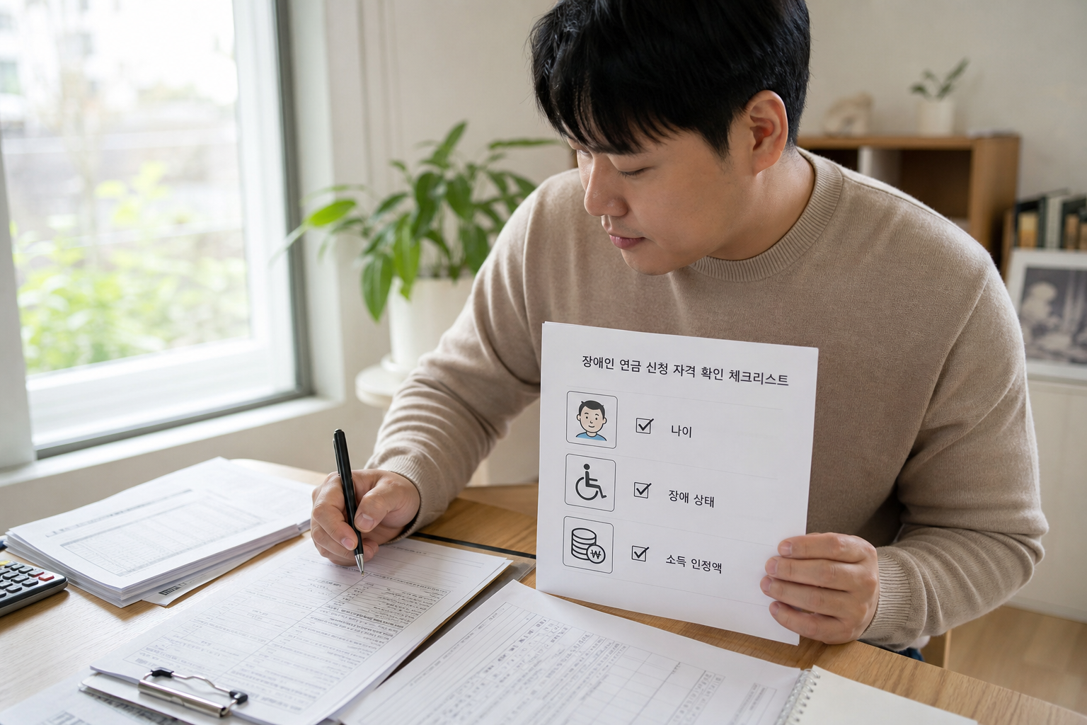 장애인연금 자격 조건을 체크리스트로 정리한 장면