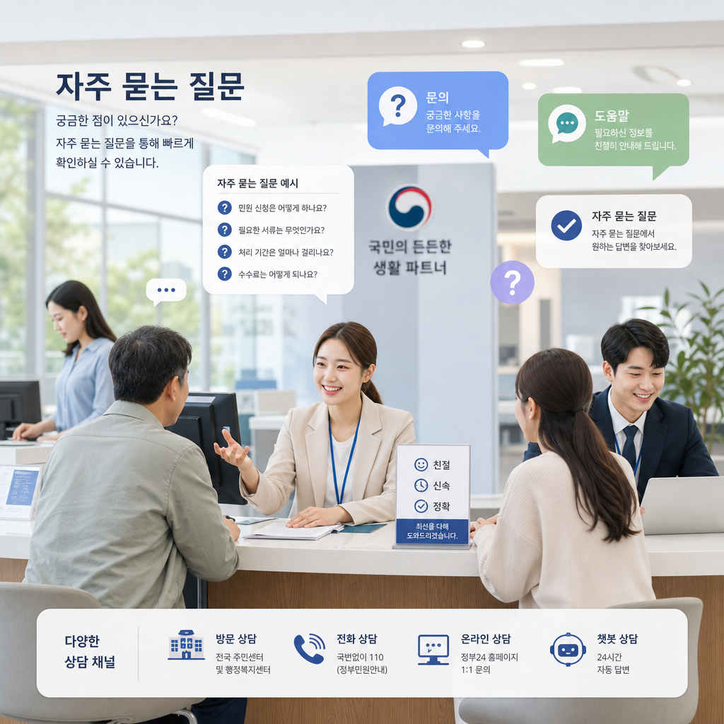 FAQ 안내 카드와 말풍선이 있는 친근한 상담 이미지