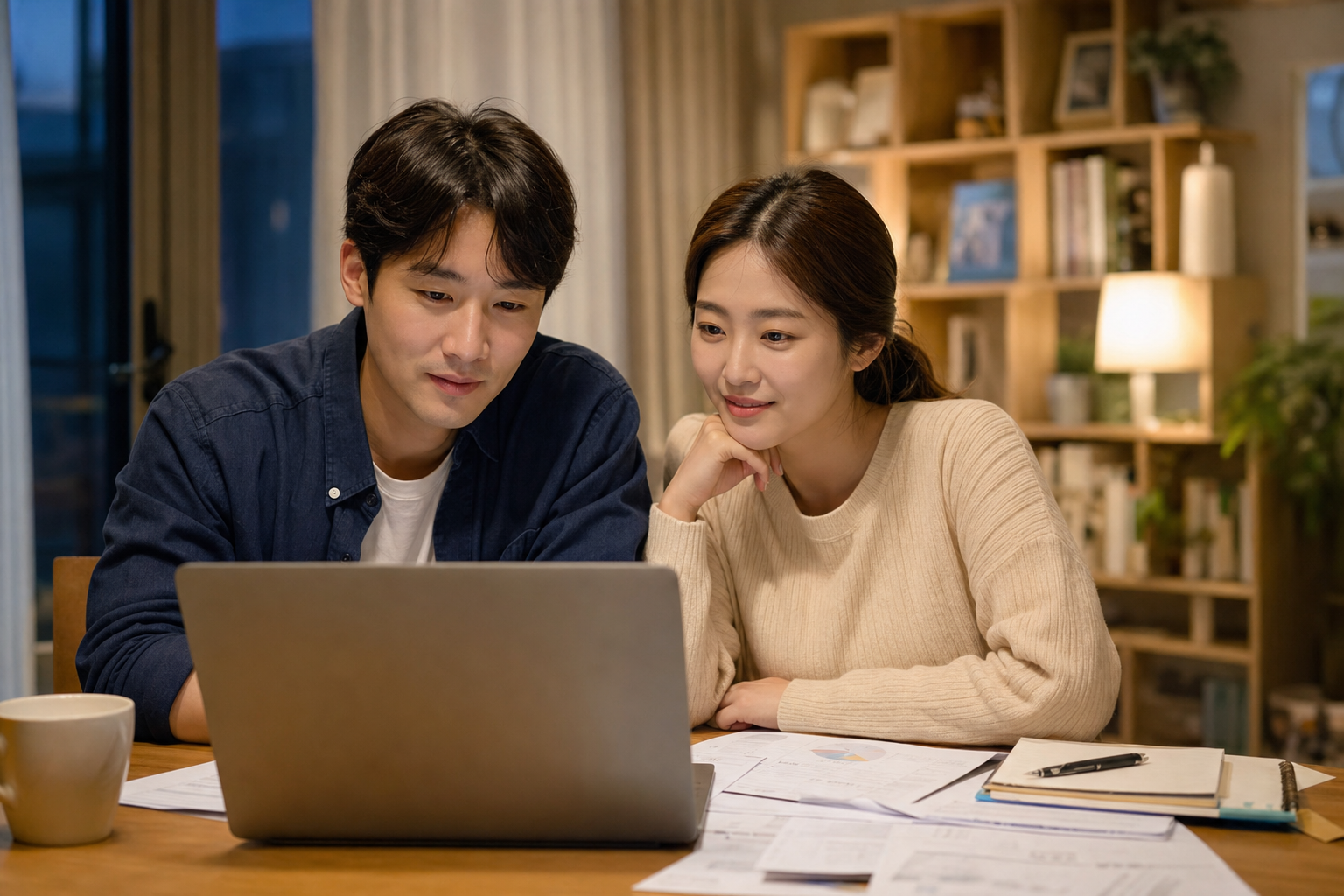 집에서 노트북으로 복지로 사이트를 확인하며 신청 계획을 세우는 장면