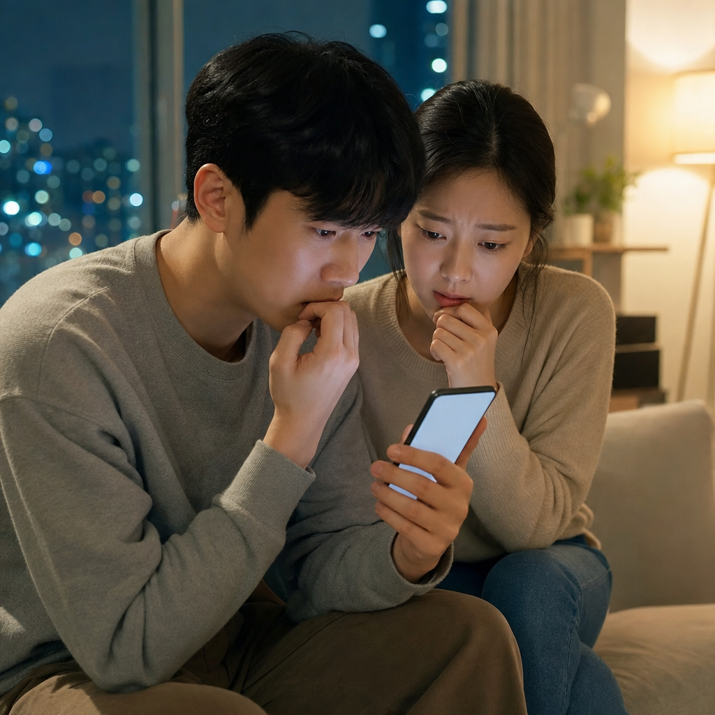 당첨 여부를 기다리며 긴장한 표정으로 휴대폰을 보는 부부