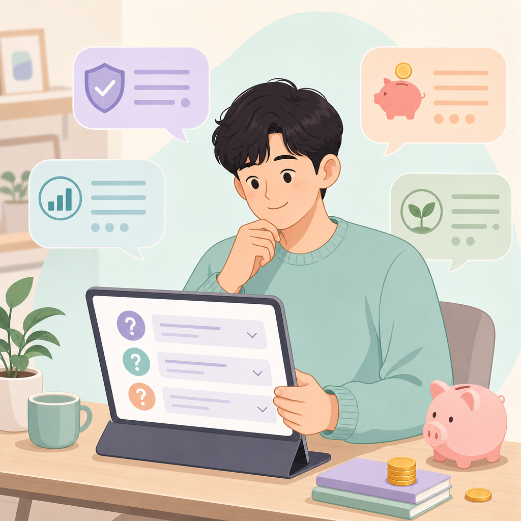 FAQ 문서와 물음표 아이콘이 있는 금융 상담 이미지