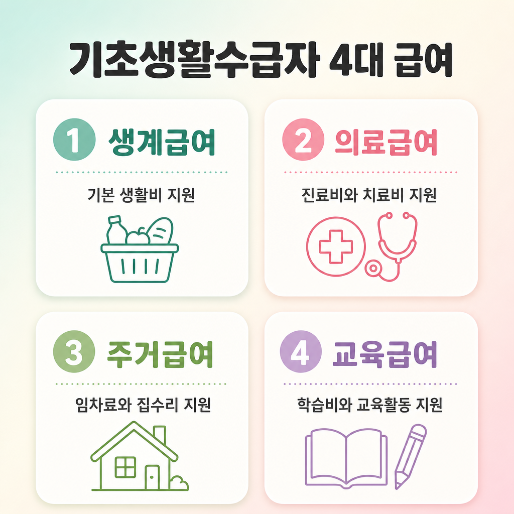 파스텔 배경의 4개 패널 인포그래픽, 생계급여·의료급여·주거급여·교육급여 요약