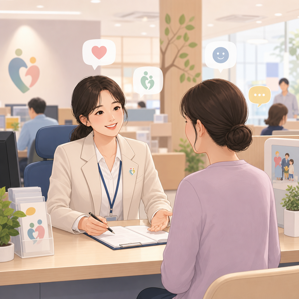 FAQ 안내를 앞둔 상담 창구와 질문 말풍선 이미지