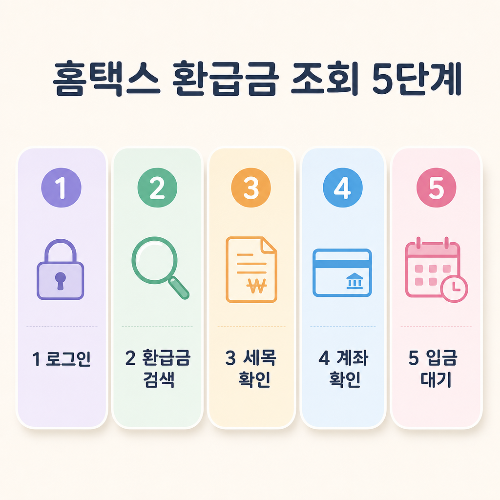 파스텔 배경, 둥근 패널 5개, 제목 ‘홈택스 환급금 조회 5단계’, 1 로그인, 2 환급금 검색, 3 세목 확인, 4 계좌 확인, 5 입금 대기, 번호 배지, 가독성 높은 한국어 텍스트, 영문과 워터마크 없음
