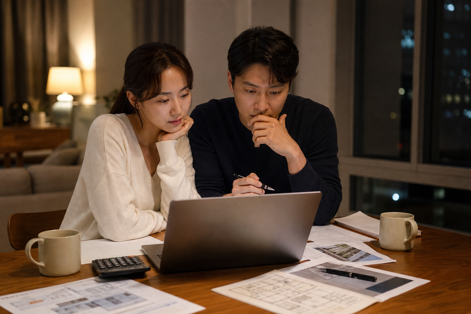 부부가 식탁에서 대출 가능 금액과 아파트 시세를 비교하는 모습