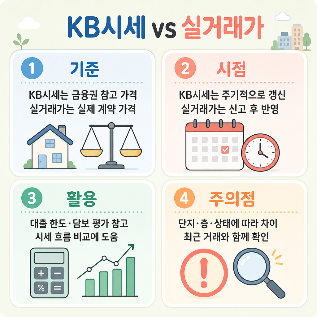 파스텔 배경, 둥근 패널 4개, 제목 ‘KB시세 vs 실거래가’, 패널별로 기준·시점·활용·주의점 요약, 번호 배지, 가독성 높은 한국어 텍스트, 영문과 워터마크 없음