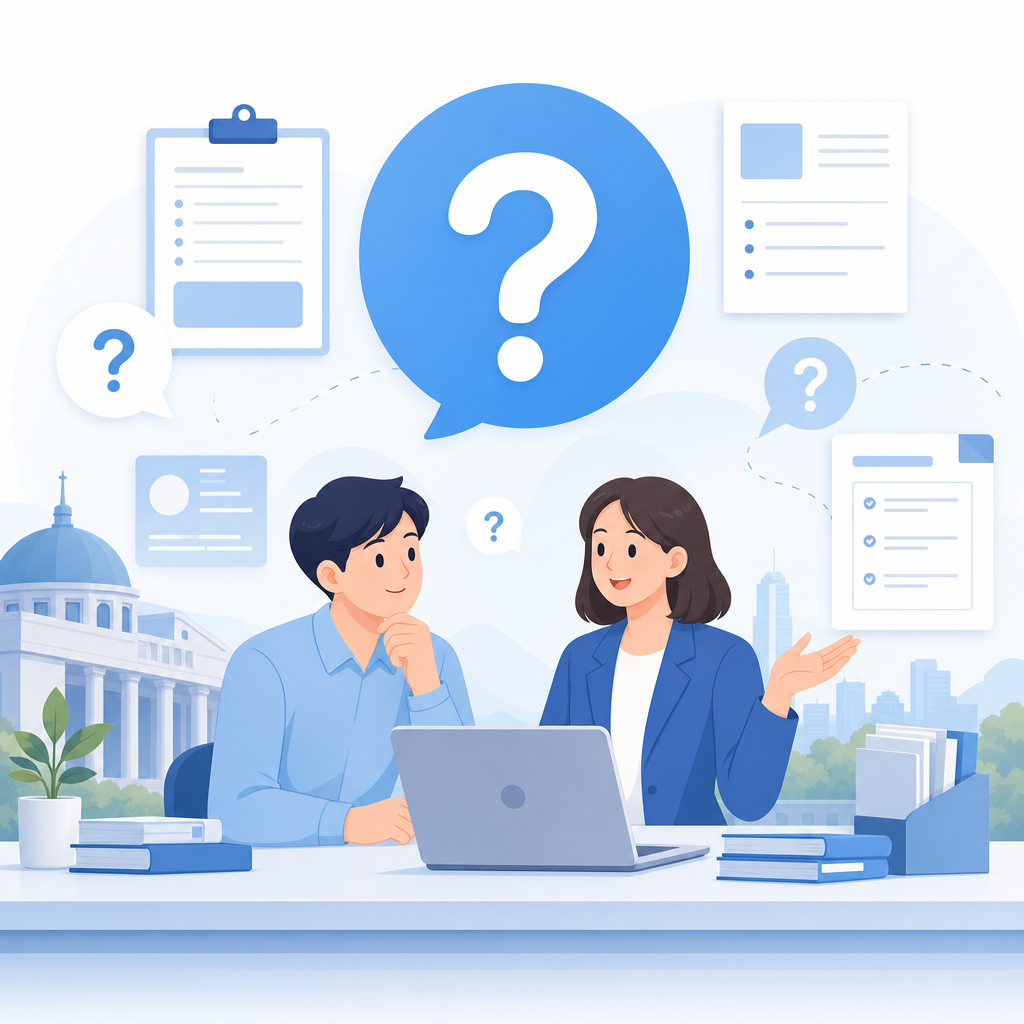 민방위 사이버교육 FAQ 카드와 물음표 아이콘