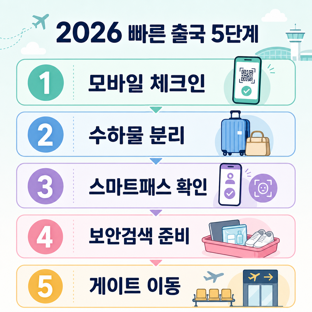 파스텔 배경, 둥근 패널 5개, 제목 ‘2026 빠른 출국 5단계’, 1 모바일 체크인, 2 수하물 분리, 3 스마트패스 확인, 4 보안검색 준비, 5 게이트 이동, 번호 배지, 가독성 높은 한국어 텍스트, 영문 및 워터마크 없음