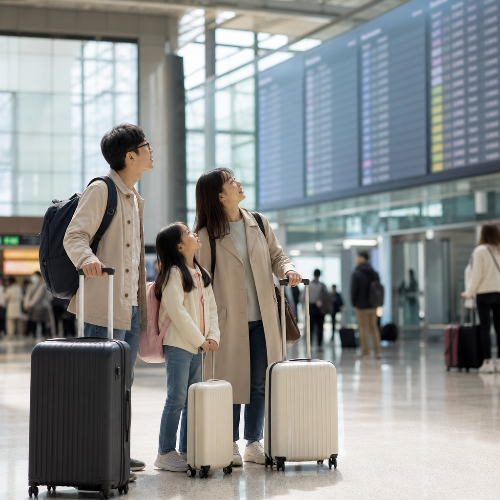 공항 전광판 앞에서 가족이 게이트 번호를 확인하는 모습