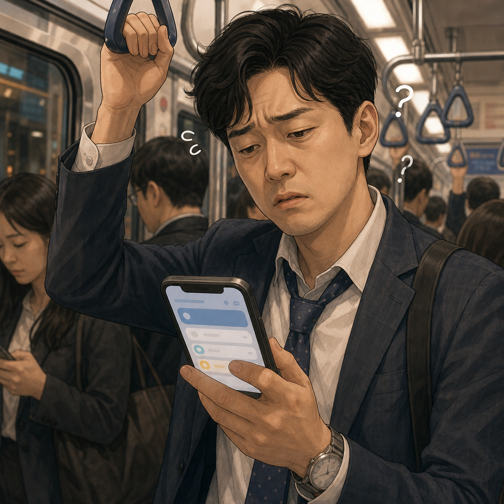 송금 한도 메뉴를 못 찾아 답답해하는 사용자 일러스트