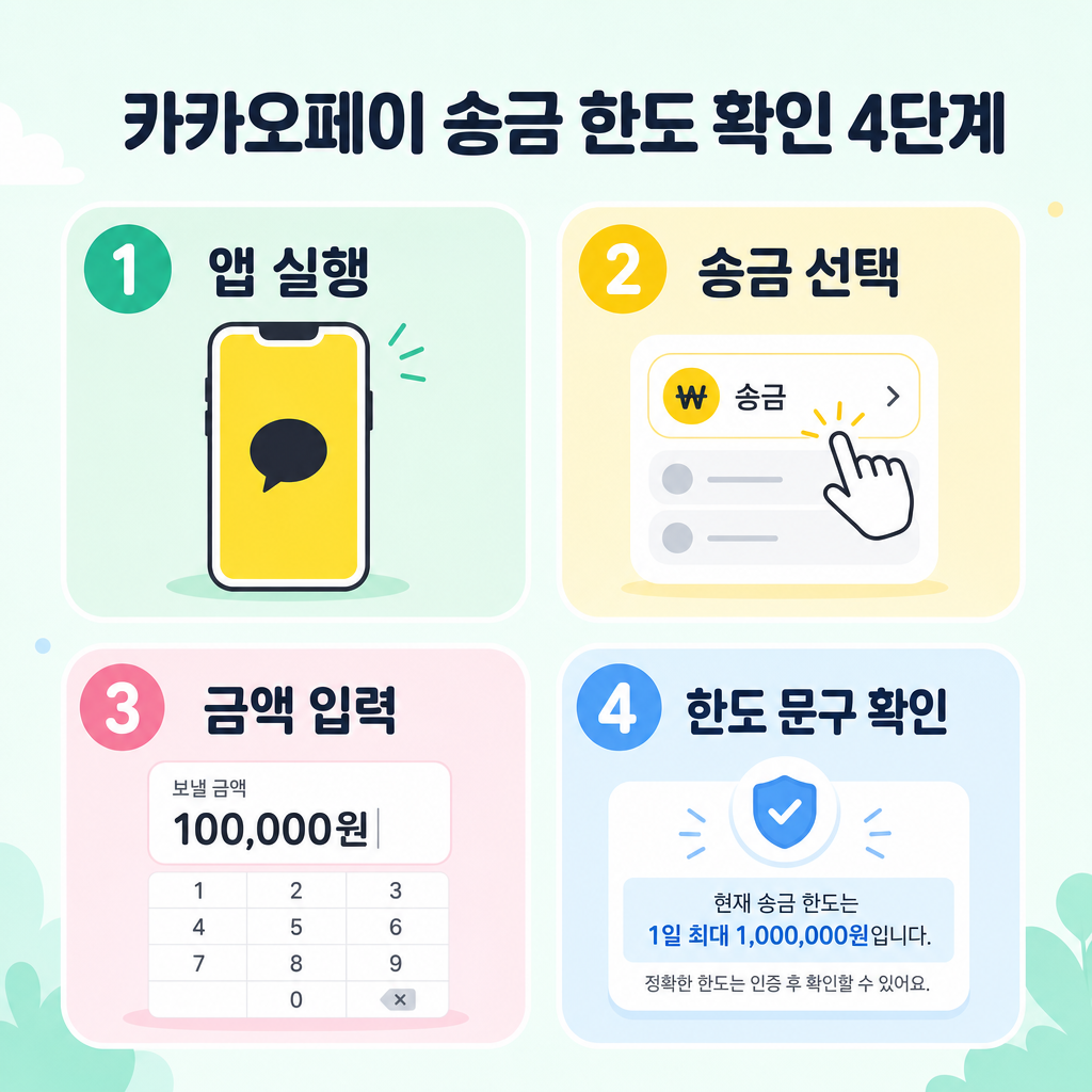 파스텔 배경, 둥근 패널 4개, 제목 ‘카카오페이 송금 한도 확인 4단계’, 번호 배지 1 앱 실행 2 송금 선택 3 금액 입력 4 한도 문구 확인, 가독성 높은 한국어 텍스트, 영문·워터마크 없음