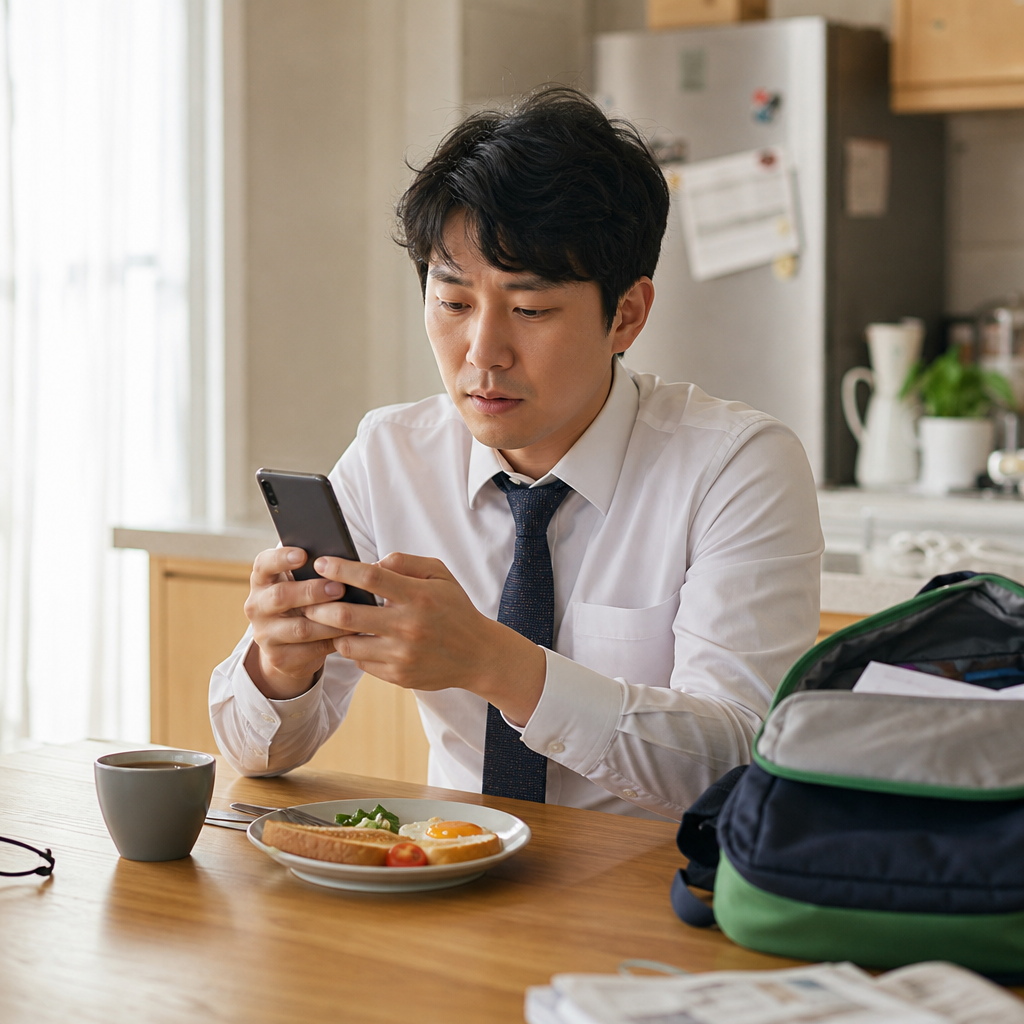 맞벌이 직장인이 아침 식탁에서 스마트폰으로 송금 한도를 확인하는 장면