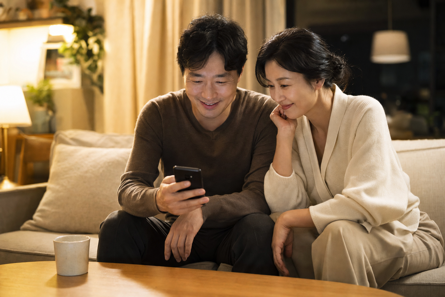 송금 전 체크리스트를 보고 안심하는 직장인 부부 이미지