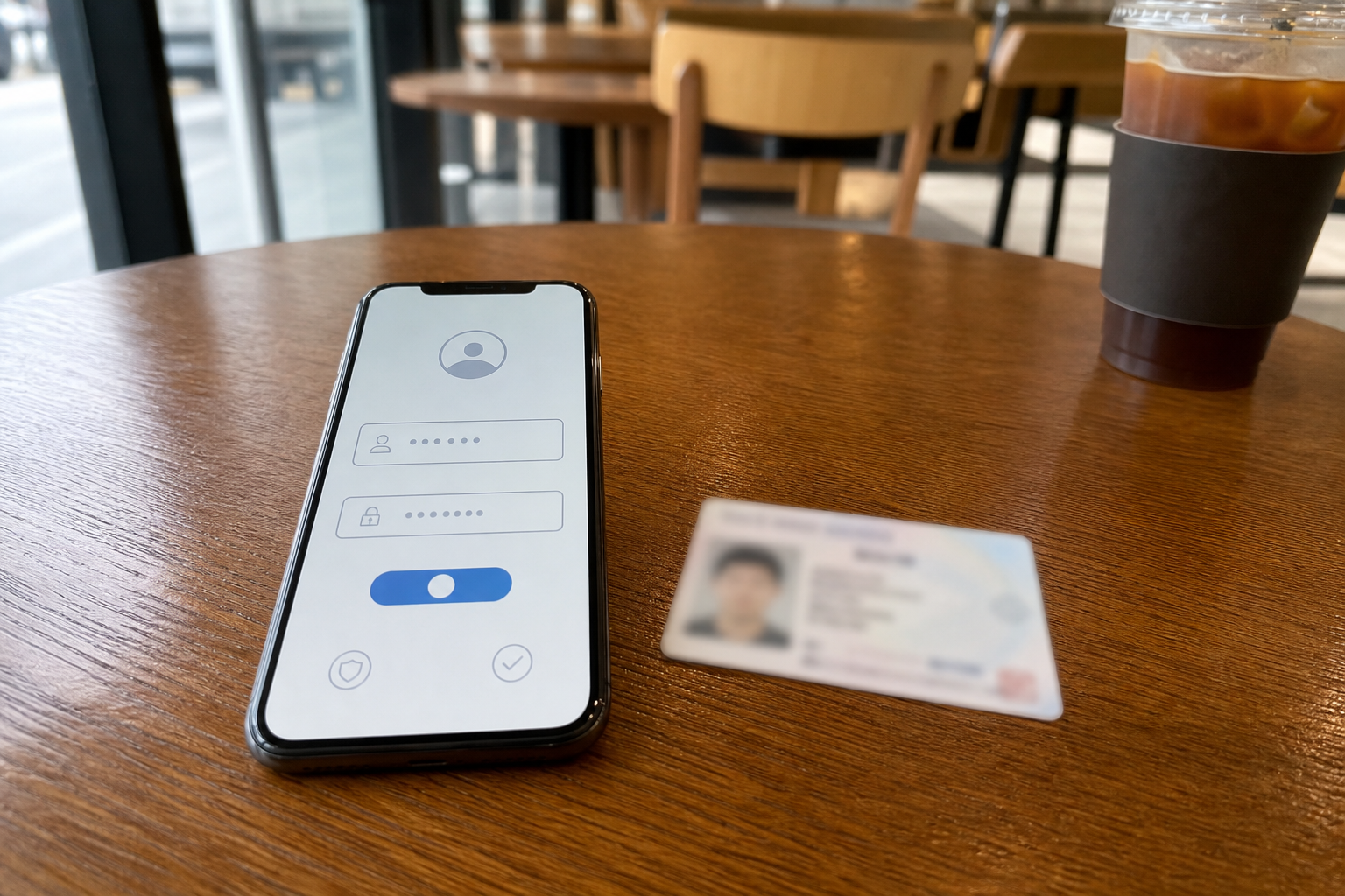 카페 테이블 위 스마트폰 PASS 인증 화면과 신분증 카드가 함께 놓인 이미지