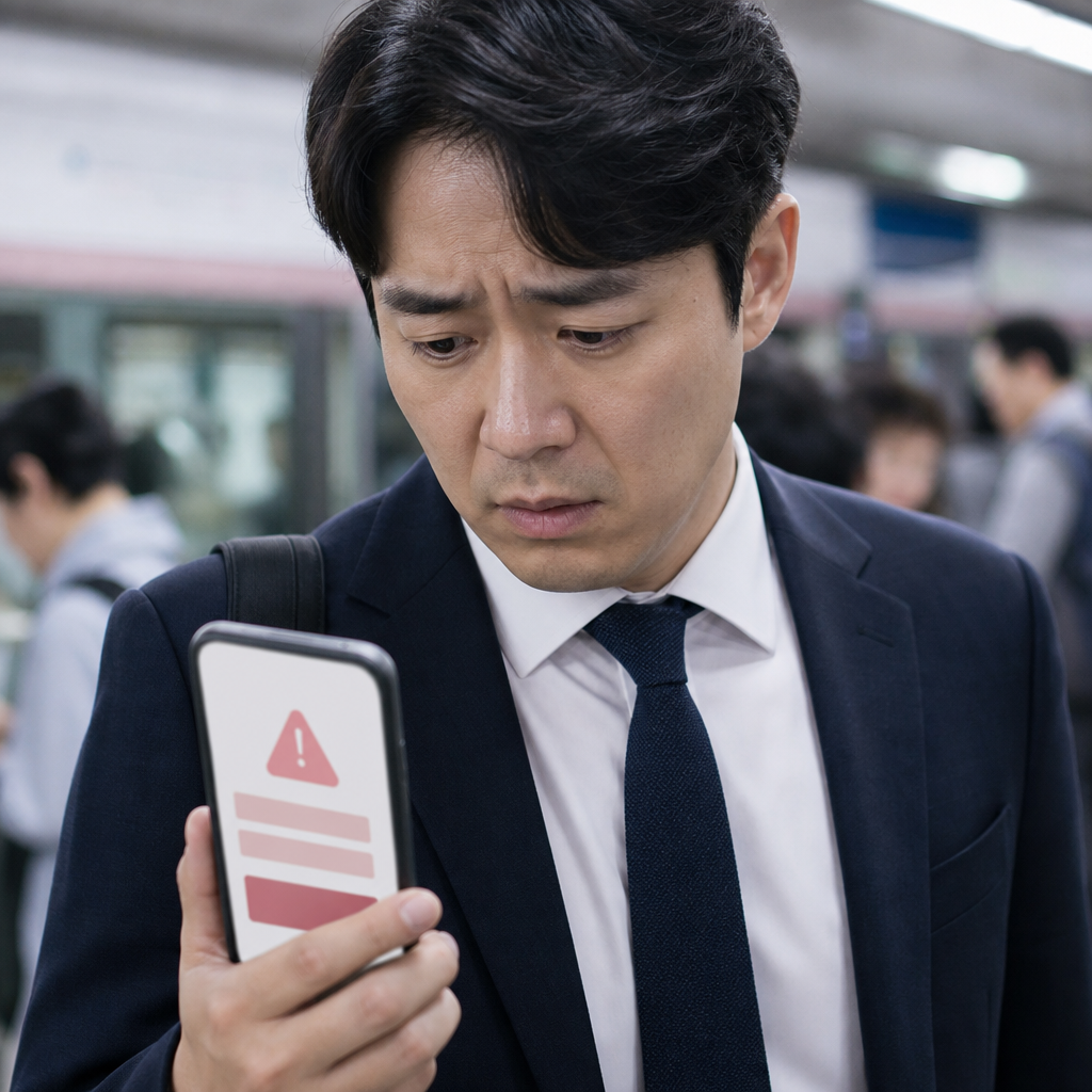 휴대폰 명의 불일치로 인증 실패 메시지를 보는 직장인 손 이미지