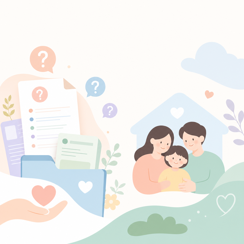 FAQ 문서와 물음표 아이콘, 지원금 상담을 상징하는 차분한 이미지