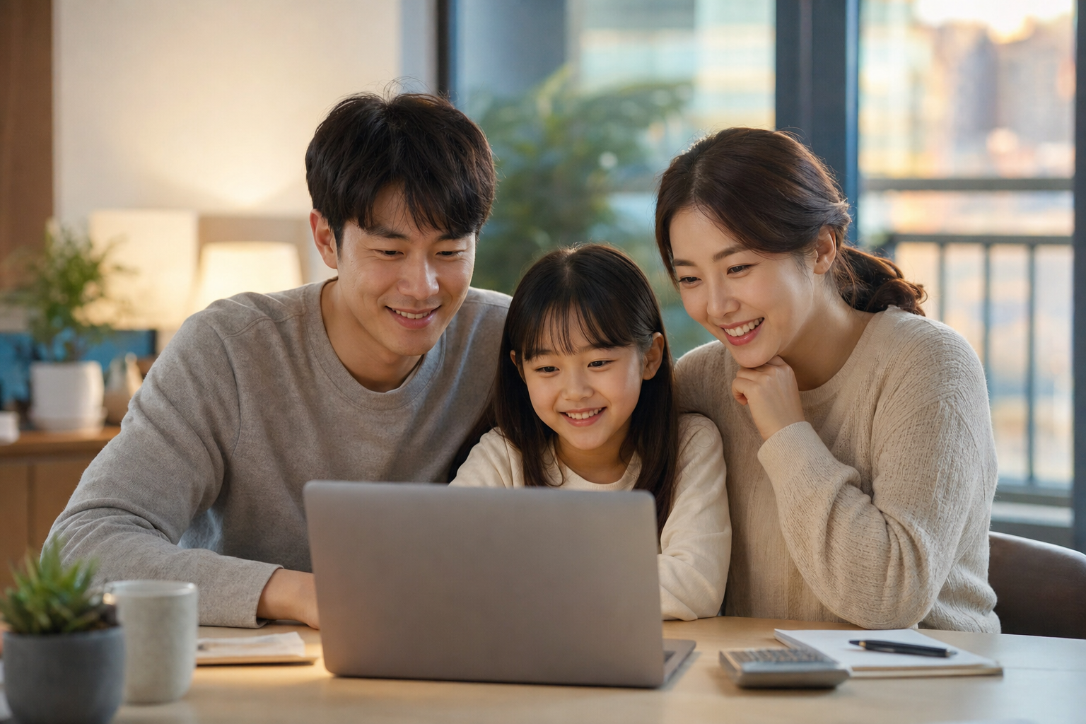 신청 완료 후 안도하는 가족과 노트북 화면