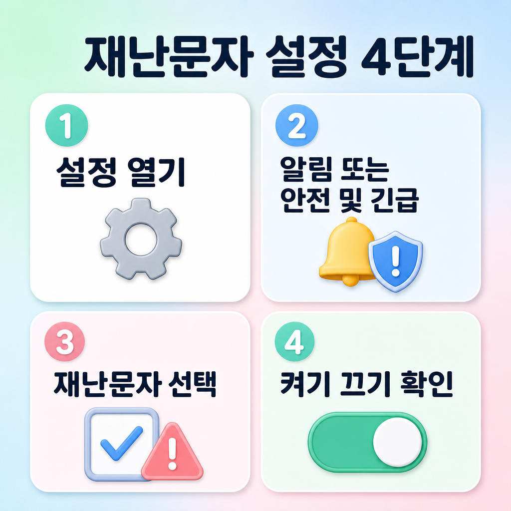 파스텔 배경, 둥근 패널 4개, 짧은 한글 제목 ‘재난문자 설정 4단계’, 번호 배지 1 설정 열기 2 알림 또는 안전 및 긴급 3 재난문자 선택 4 켜기 끄기 확인, 영문과 워터마크 없음
