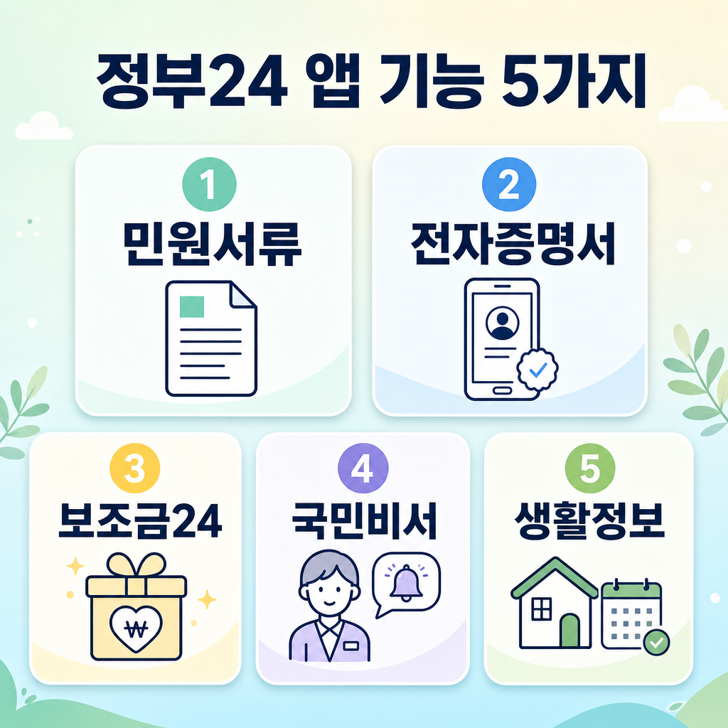 파스텔 배경, 둥근 패널 5개, 짧은 한글 제목 ‘정부24 앱 기능 5가지’, 번호 배지 1~5, 민원서류·전자증명서·보조금24·국민비서·생활정보 문구, 영문 없음, 워터마크 없음, 가독성 높은 정보형 인포그래픽