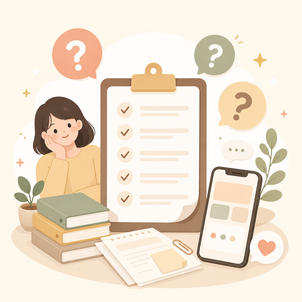 체크리스트와 물음표 아이콘이 있는 FAQ 분위기의 일러스트