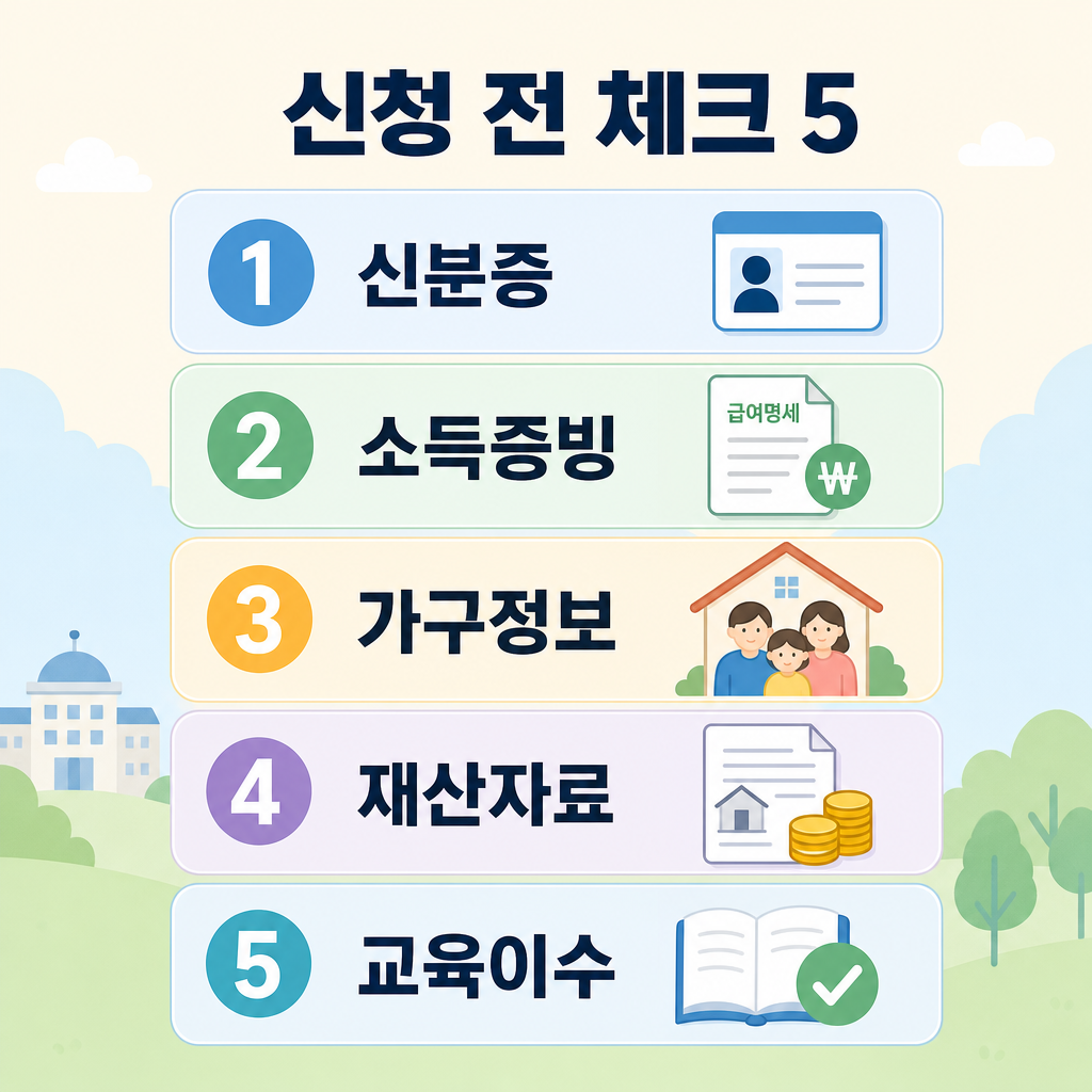파스텔 배경, 둥근 패널 5개, 제목 ‘청년내일저축계좌 신청 전 체크 5’, 번호 배지, 항목은 신분증·소득증빙·가구정보·재산자료·교육이수, 워터마크 없음