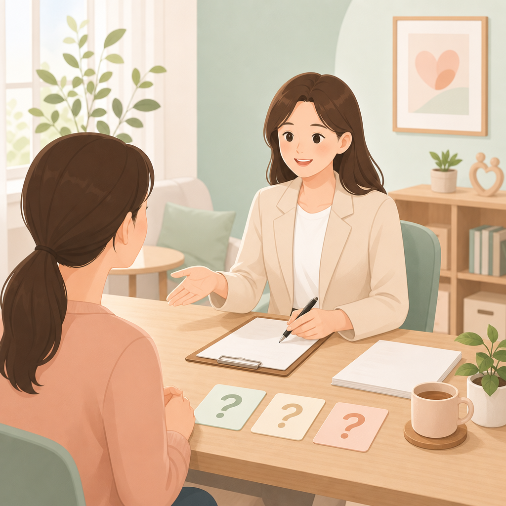 FAQ 메모지와 물음표 아이콘이 있는 깔끔한 상담 장면