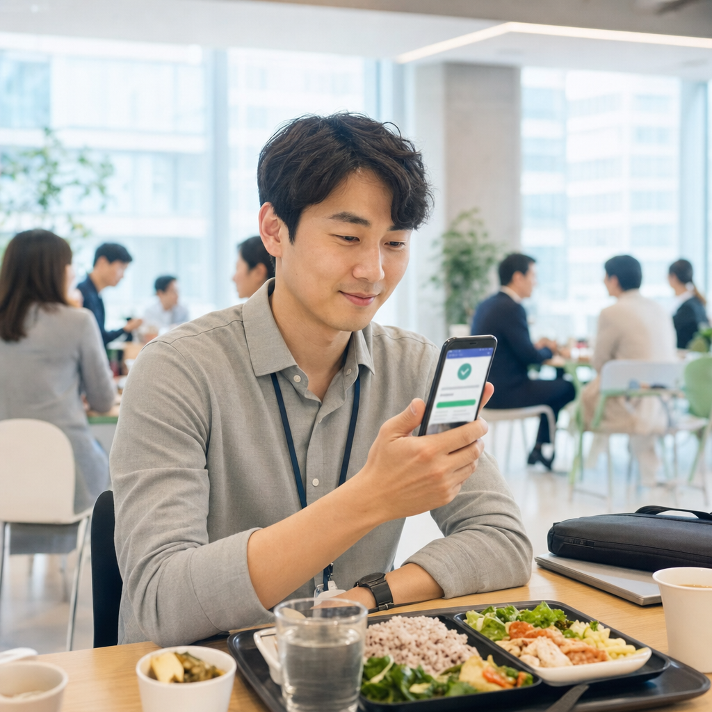 직장인 부모가 점심시간에 휴대폰으로 신청 완료 화면을 확인하는 장면