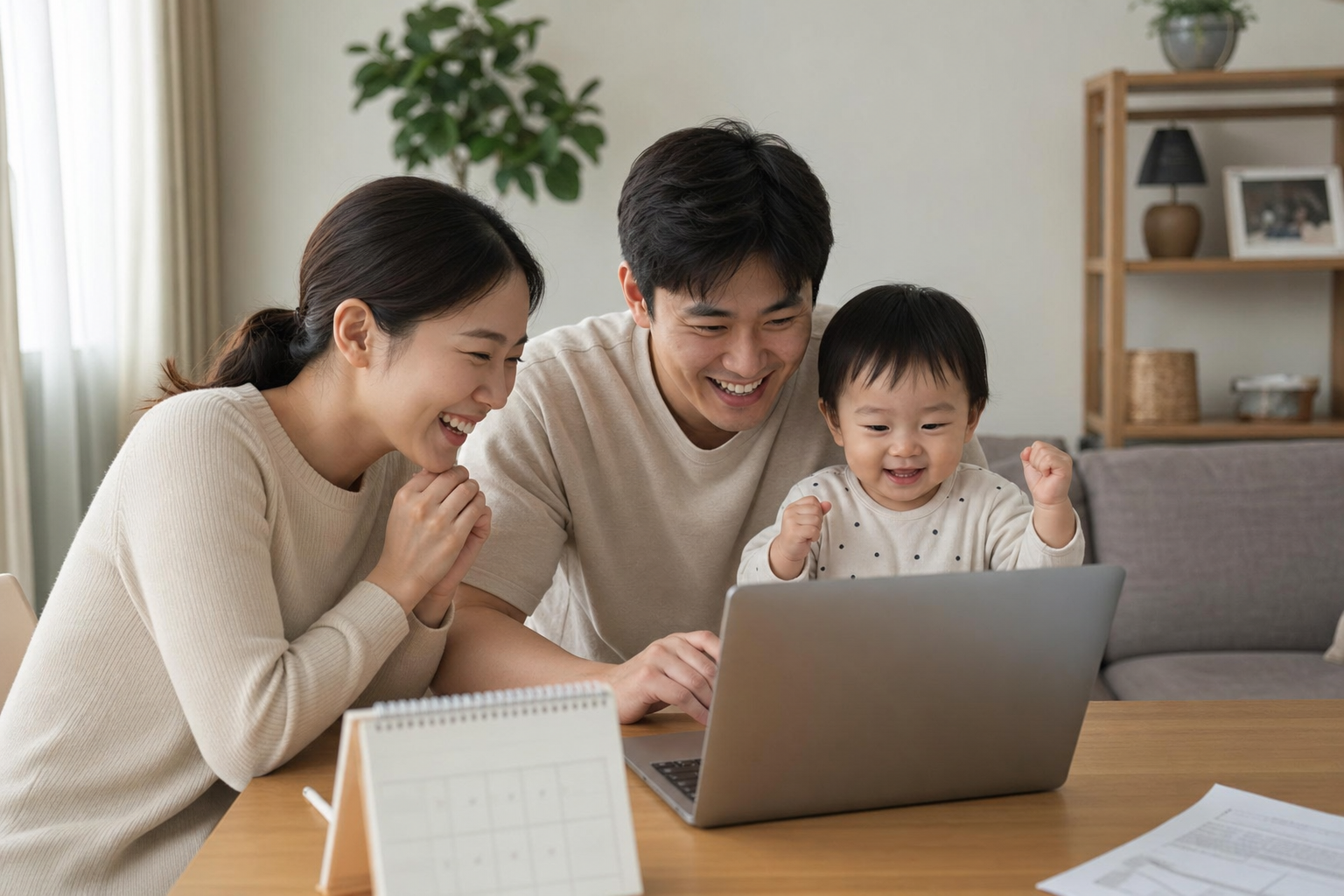부모급여 신청을 마친 가족이 캘린더와 노트북 앞에서 안도하는 장면