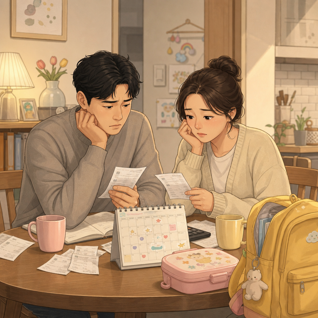 육아비 부담과 자녀장려금 필요성을 보여주는 가족 일러스트