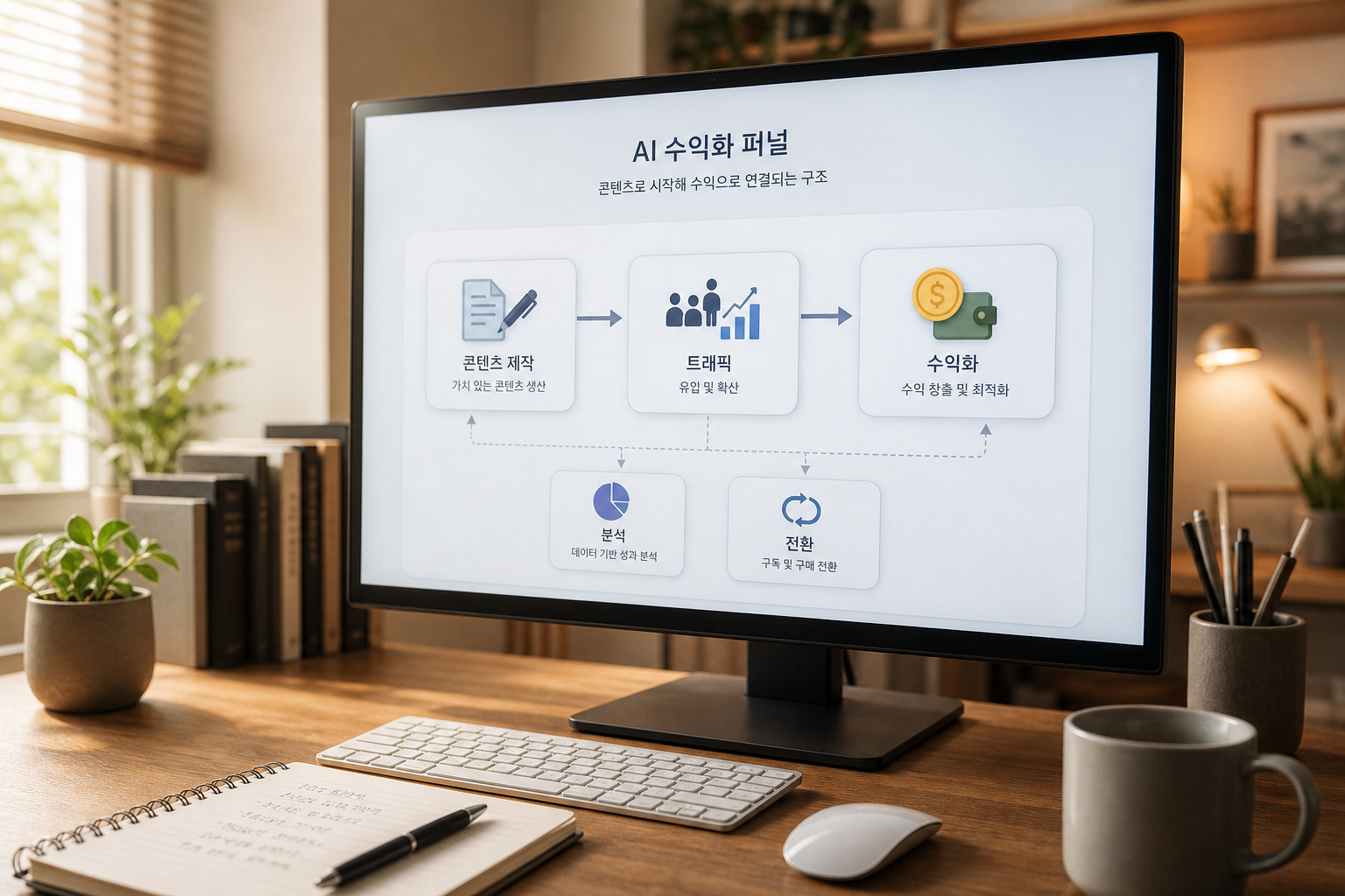 AI 블로그 수익화 콘텐츠 유입 수익 흐름 이미지