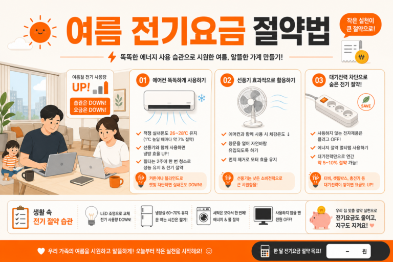 에어컨과 절전 아이콘으로 구성된 여름 전기요금 절약법 인포그래픽