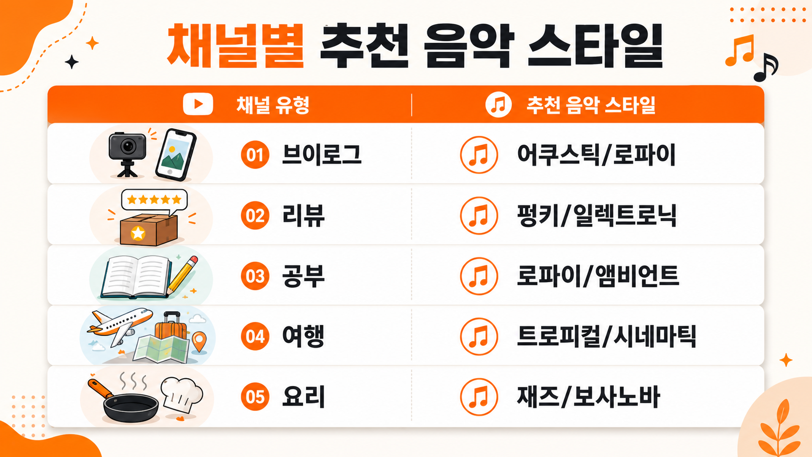 유튜브 채널 유형별 수노 AI 배경음악 추천 스타일 인포그래픽