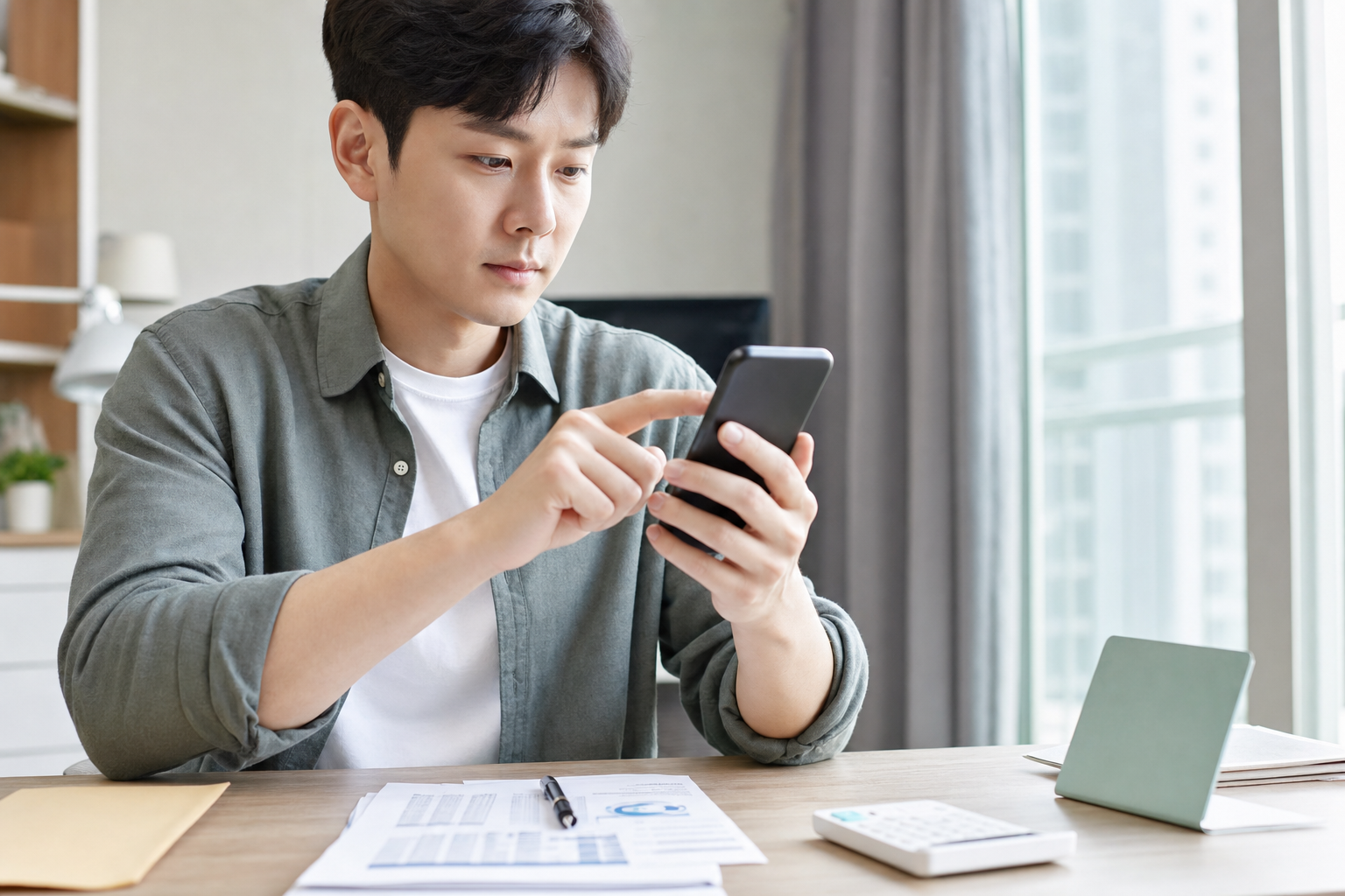 송금 실수를 확인하는 스마트폰 사용자 실사 이미지