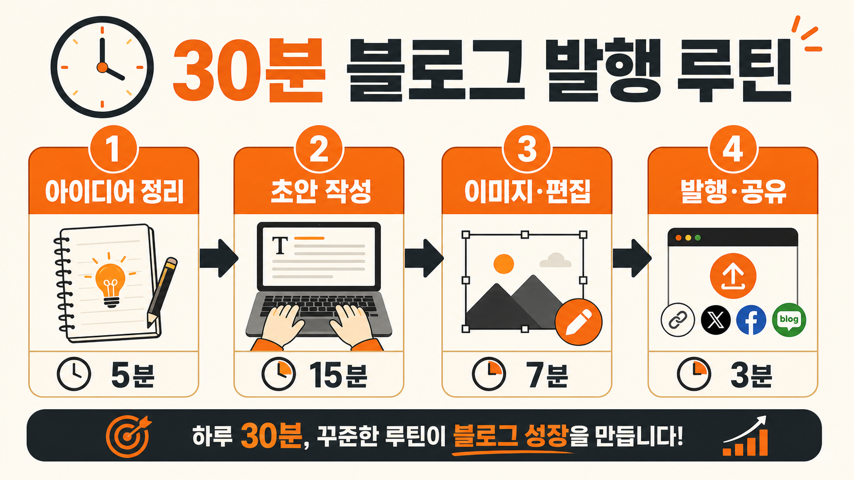 기획부터 발행까지 30분 블로그 루틴 인포그래픽