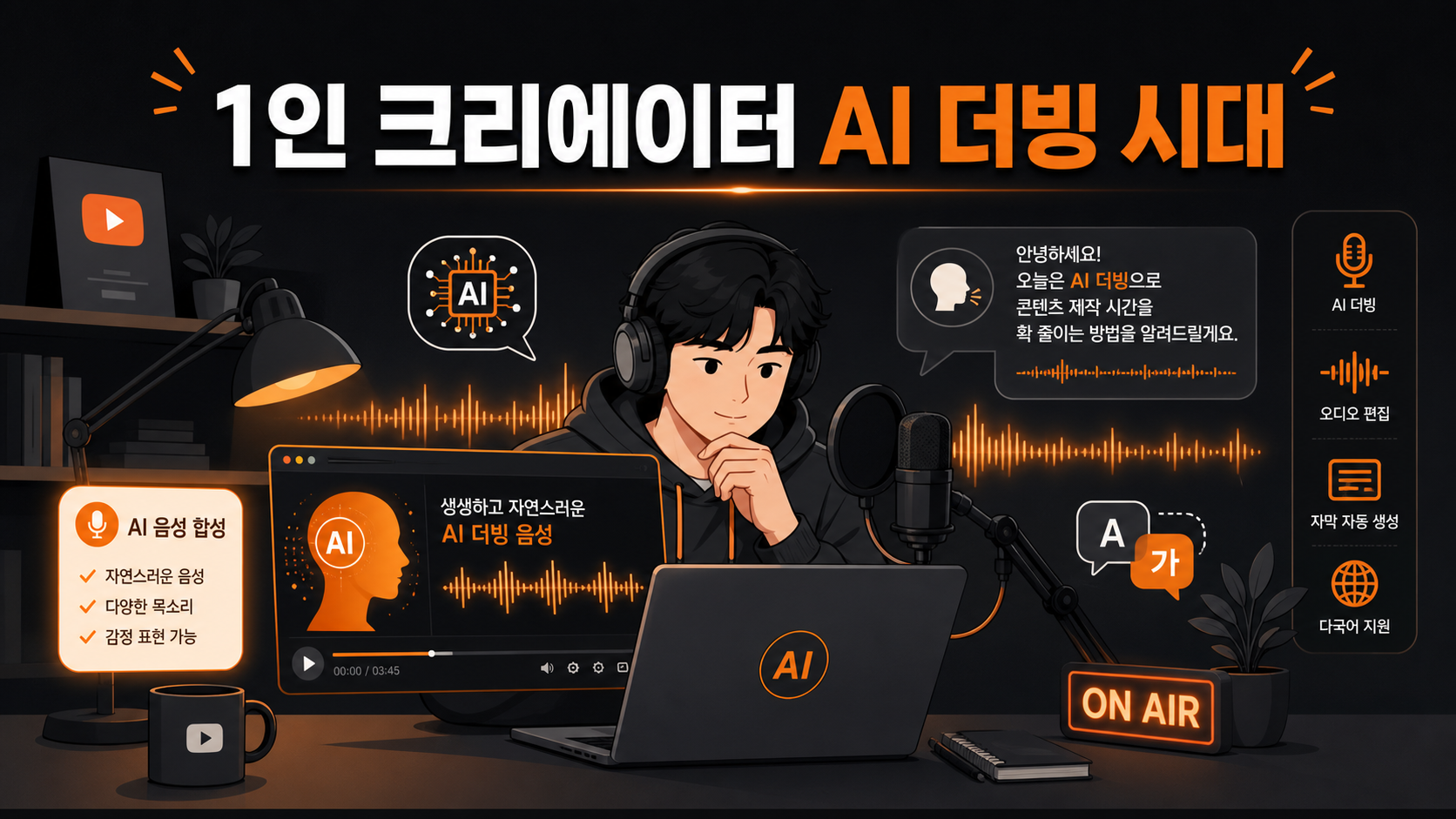 1인 크리에이터가 AI 더빙으로 영상을 제작하는 모습 일러스트