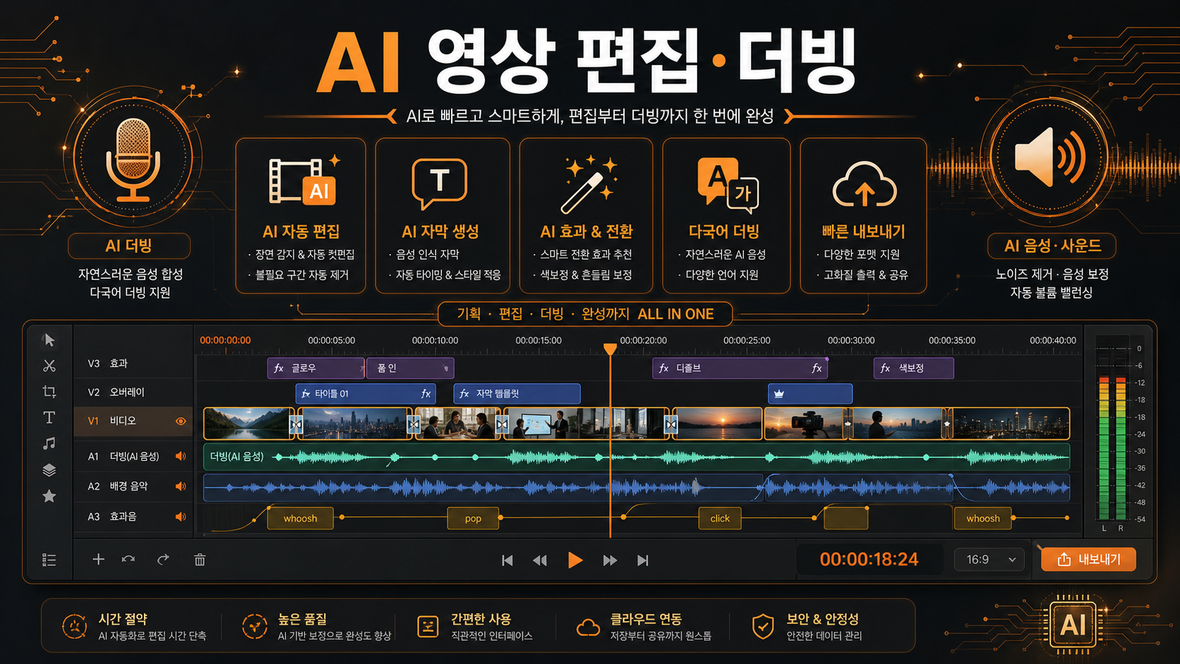 AI 영상 편집과 더빙 자동화 일러스트