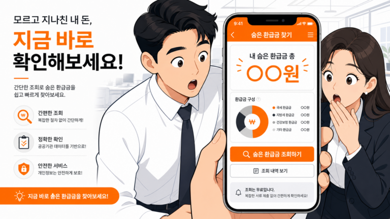 숨은 환급금 찾는 법 대표 이미지 — 스마트폰으로 미환급금 조회하는 직장인 일러스트