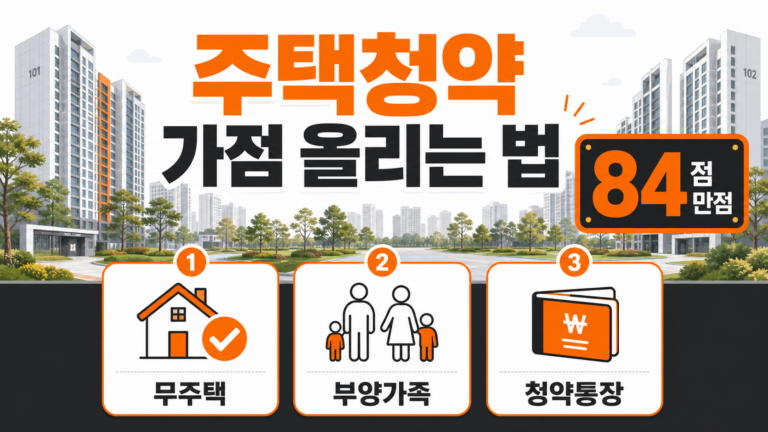 주택청약 가점 올리는 법 대표 인포그래픽 — 84점 만점 구조와 3가지 항목 안내